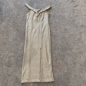 Vtg Charlotte Russe Gold Metallic Front Slit Off Shoulder Maxi Gown Stretch XL